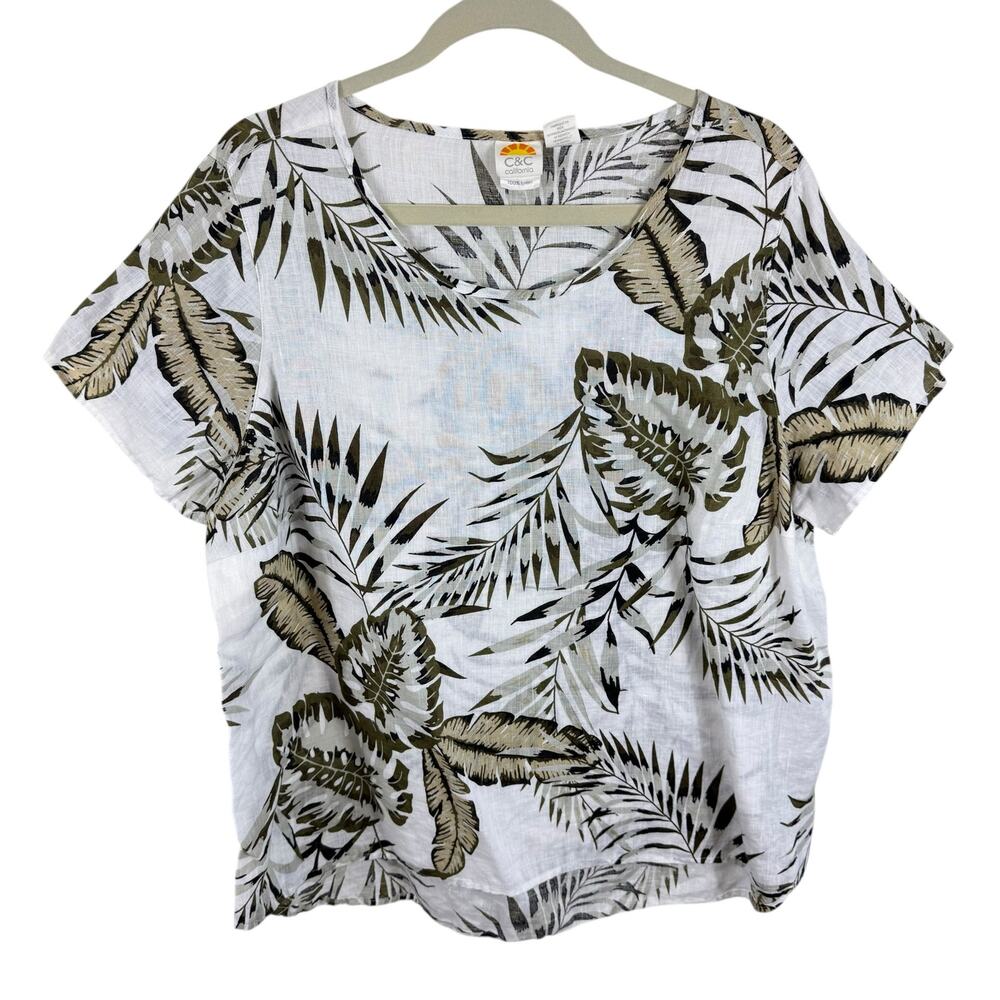 C&C California White Palm Print Short Sleeve Top